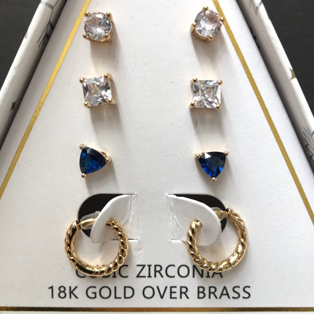 4 Earring Set Stud Hoop Cubic Zirconia 18K Gold Plated Brass by And Now This - Picture 8 of 10